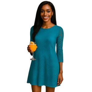 Sharagano Peacock Teal Lace Trapeze Dress